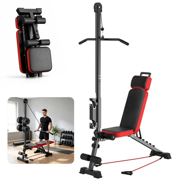 Teqhome 12-in-1 Adjustable Weight Bench with Pulley System and Resistance Cords for Home Gym Strength Training
