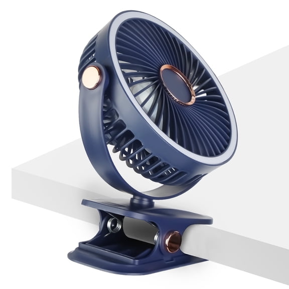 Teqhome 1200mAh Clip on Fan Type-C Rechargeable Battery Operated Desk Fan with 5 Speeds 3 Brightness 720° Fully Adjustable Angle for Home Office Outdoor Travel Camping Blue
