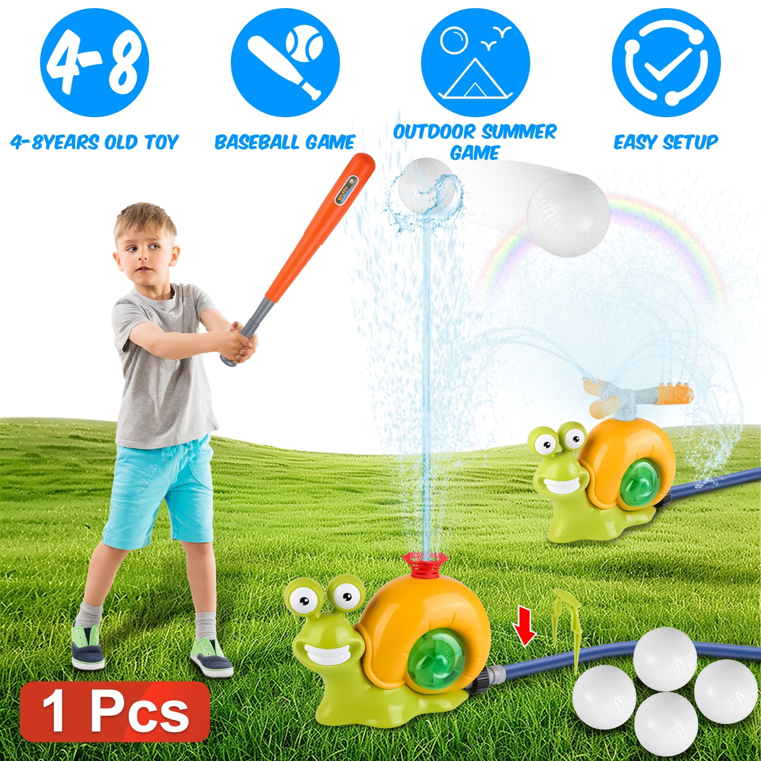 TeqHome Outdoor Toy Water Sprinkler Baseball Toy for Kids with 2 Sprinkler Nozzles 360° Rotating Spray Summer Outdoor Water Spray Snail Toys for Kids 4-8 Years Backyard Lawn