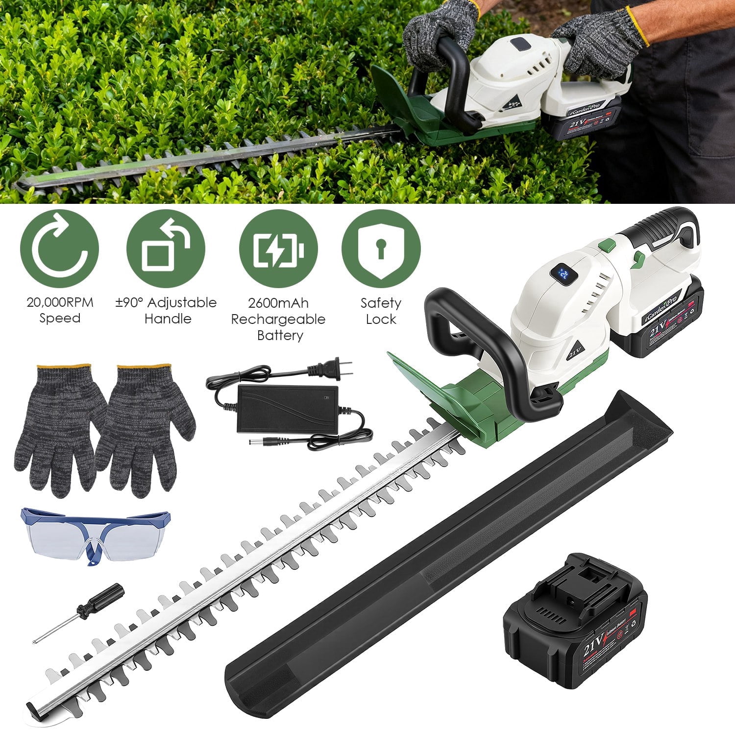 Teqhome 20in Electric Hedge Trimmer Cordless Handheld Hedge Trimmer 21V Bush Trimmer with Dual-Action Blades 0.6in Cutting Diameter Safety Lock Adjustable Handle