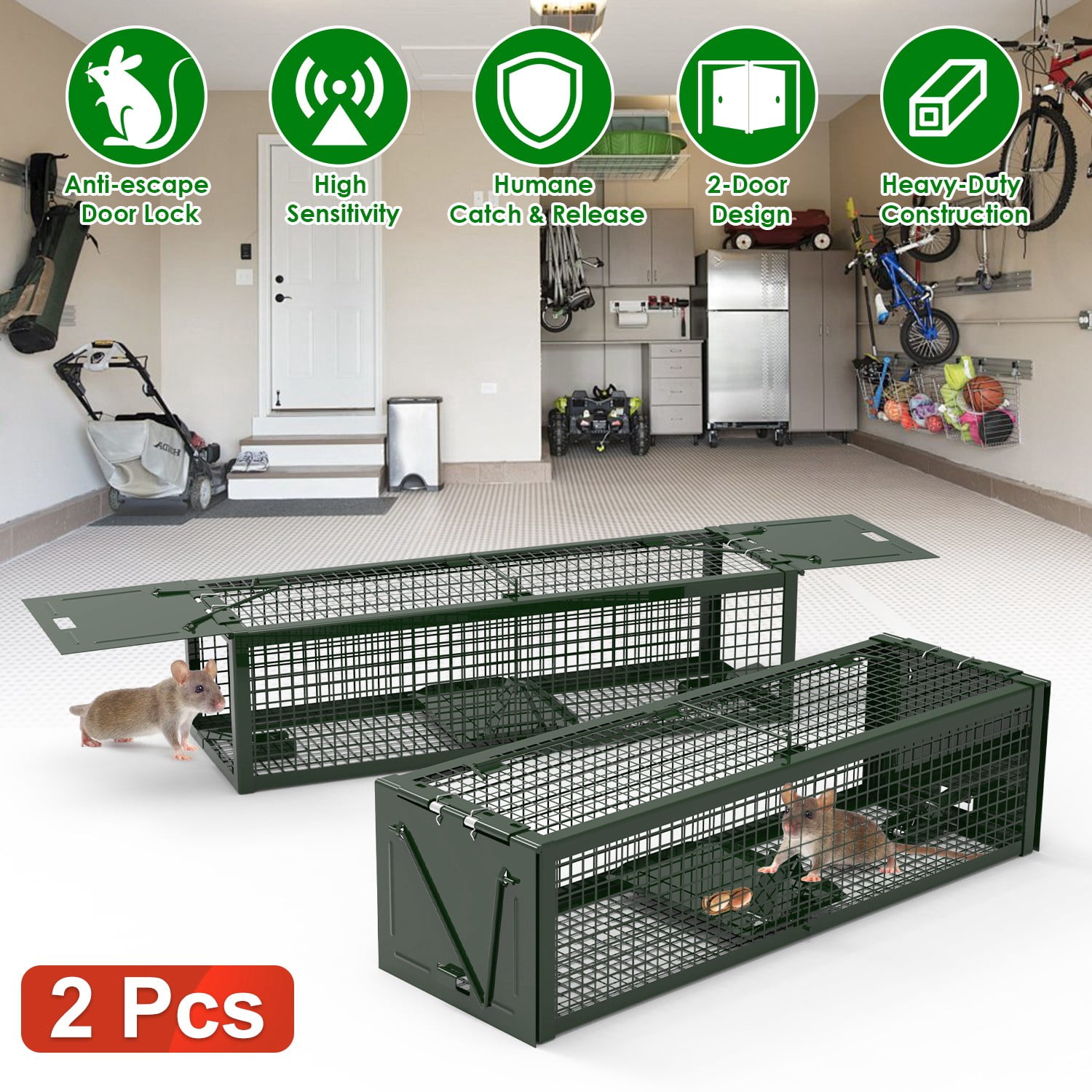 Teqhome 2Pack 15.35x4.72x3.94in Mouse Traps for Home Humane Mouse Traps 2-Door Galvanized Iron Reusable Humane Live Rat Trap for Home Garden Farm （ArmyGreen）