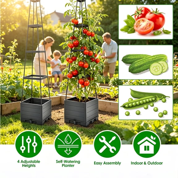 Teqhome 2Pack Tomato Planter Box Tomato Cage Raised Garden Bed with Trellis Self-Watering Indoor Outdoor 4 Adjustable Heights 10 Clips 65FT Ties for Climbing Vegetables Flowers Vines