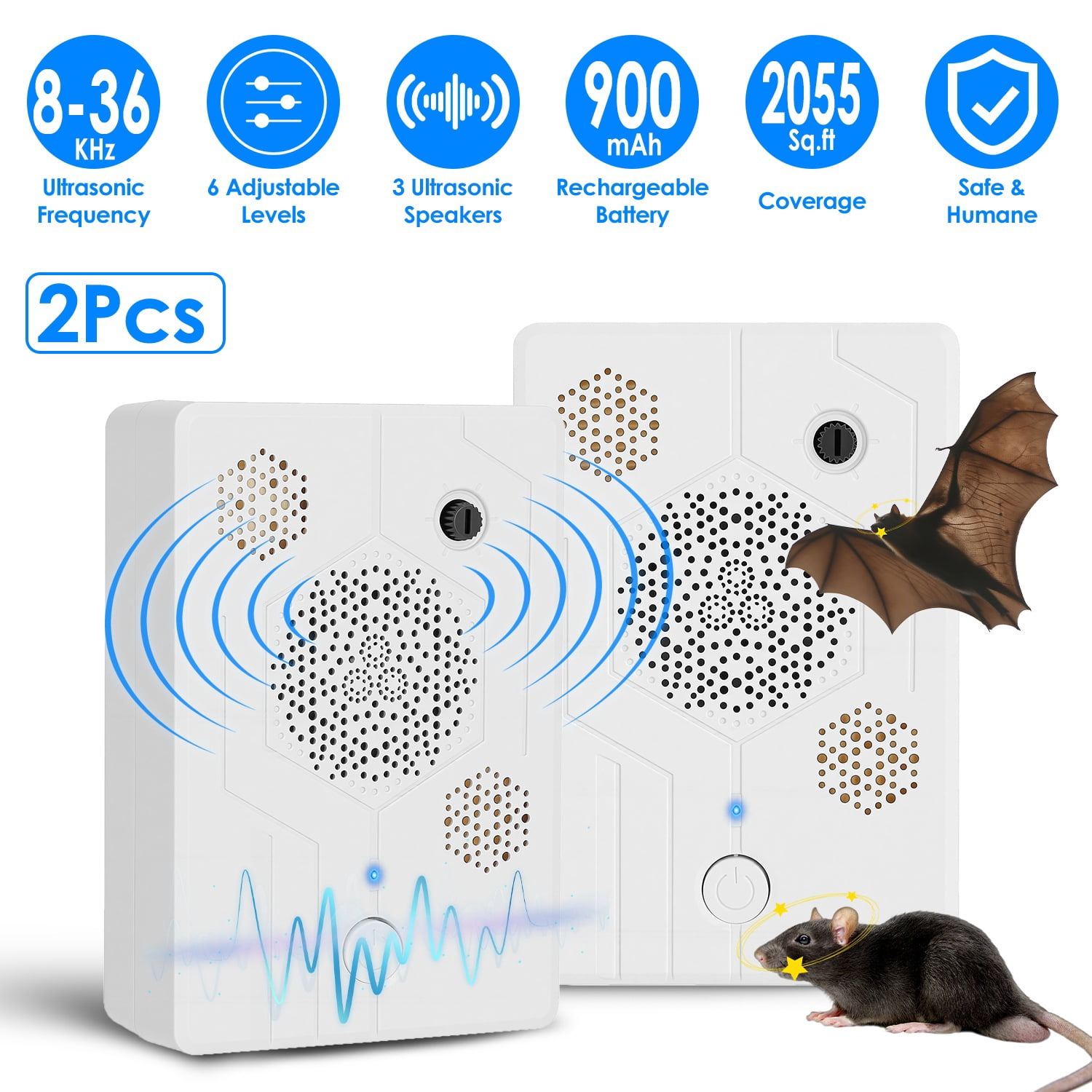 Teqhome 2Pack Ultrasonic Pest Deterrent, 2026 Upgraded Rechargeable Ultrasonic Mouse Deterrent with 3 Speakers for Bat Bird Dog Indoor Outdoor