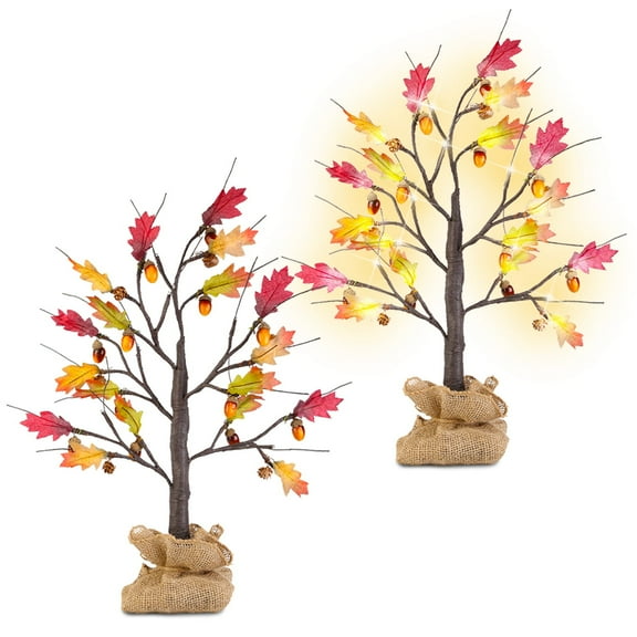 Teqhome 2Pcs 23in Lighted Fall Maple Tree with 24Pcs Warm White LED Beads 6Hrs Timer Battery Operated Thanksgiving Decorations for Tabletop Home