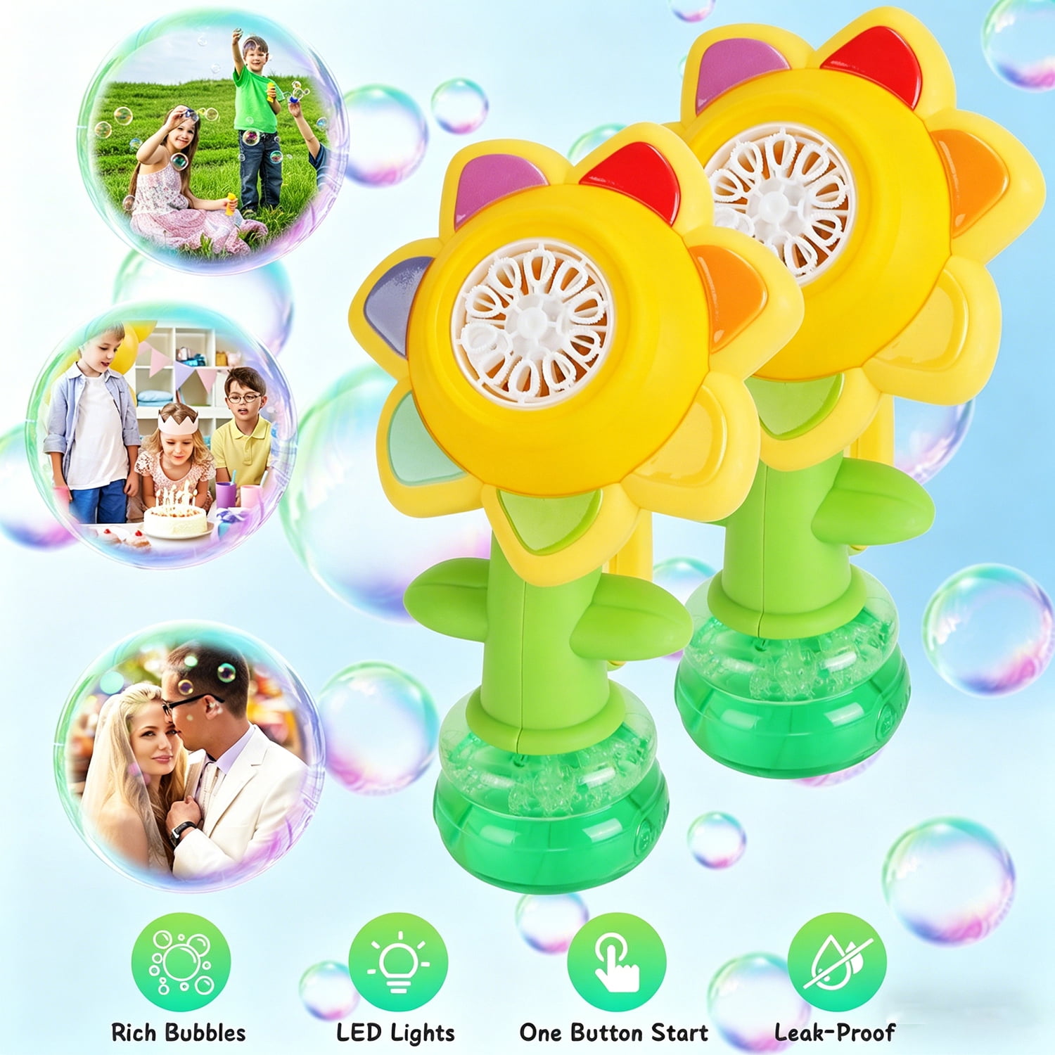 Teqhome 2Pcs Bubble Machine for Kids Outdoor Bubble Machine With Lights Rechargeable Sunflower Bubble Maker For Toddlers 4-8 Outdoor Summer Toy Party Birthday Gift
