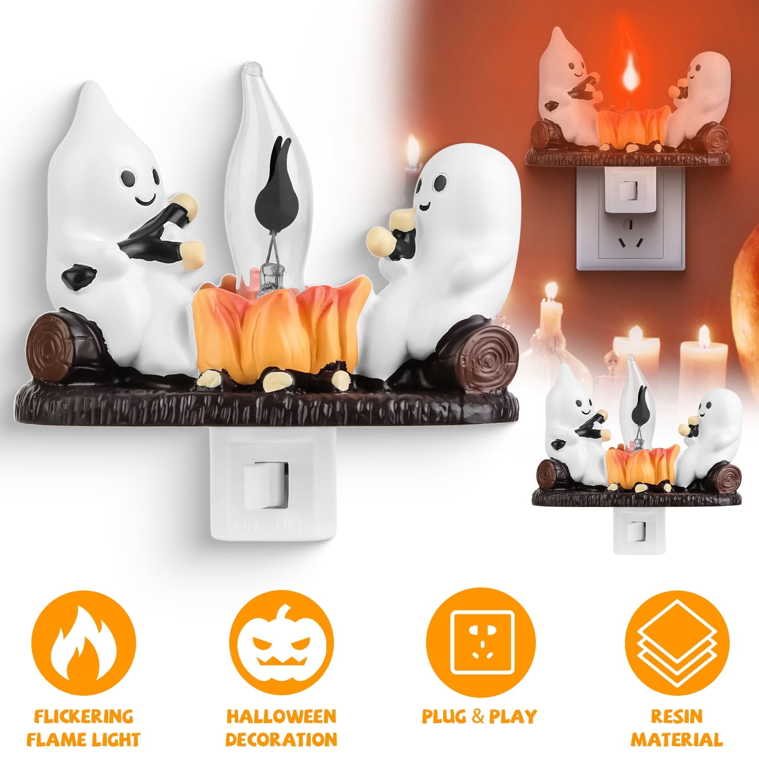 Cute Ghost Campfire Flickering Flame Plug-in Night Light Set