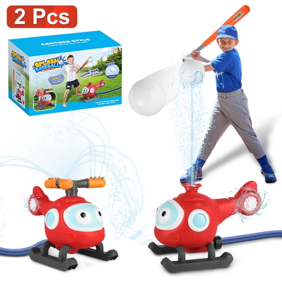 TeqHome 2 Pack Outdoor Toy Water Sprinkler Baseball Toy for Kids with 2 Sprinkler Nozzles 360° Rotating Spray Summer Outdoor Water Spray Helicopter Toys for Kids 4-8 Years Backyard Lawn