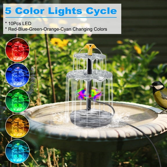 Teqhome 3-Tier Solar Fountain for Bird Bath, Solar Bird Bath Fountains - Solar Powered Water Pump Waterfall Feature with Colorful Light, 3 Nozzles, 6W Solar Panel for Pond, Garden
