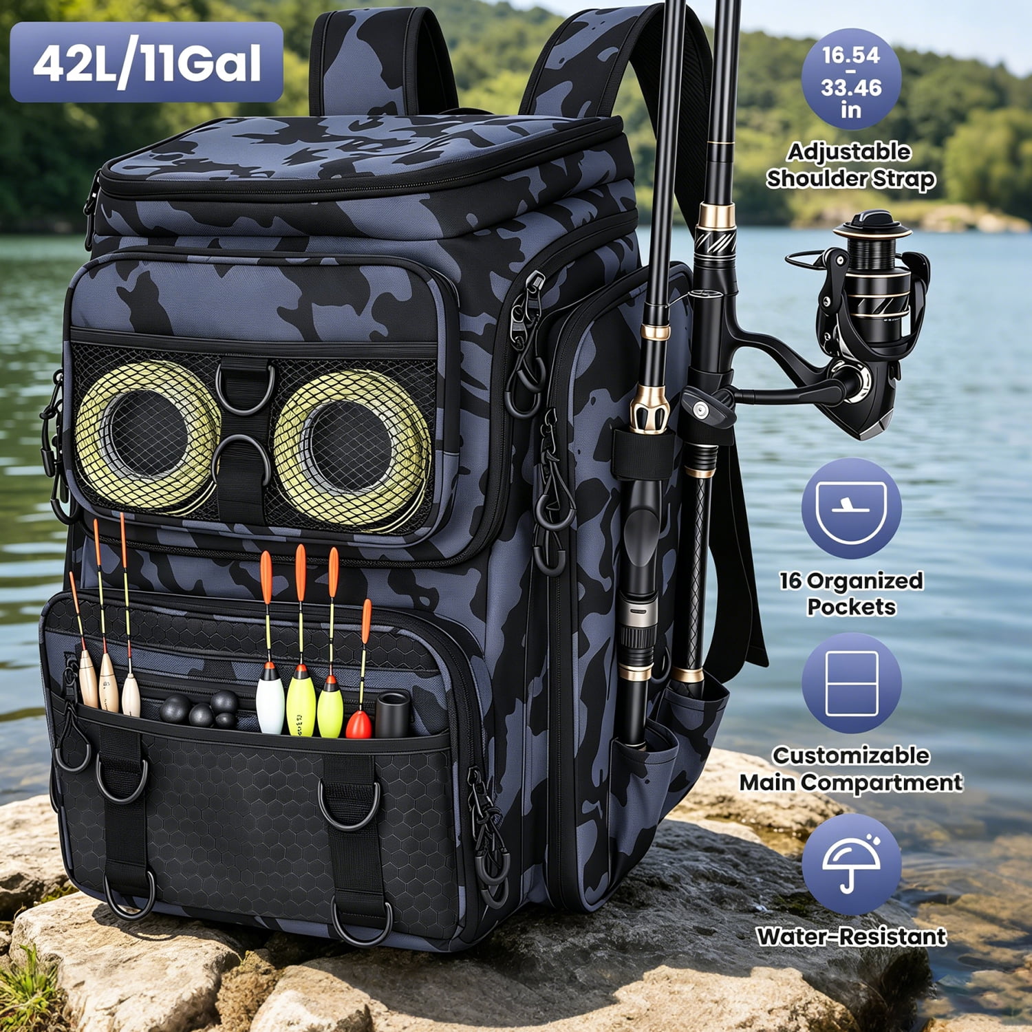 Teqhome 42L/11Gal Fishing Backpack Fishing Tackle Backpack Waterproof 16-Pocket Rod Holders Divider Adjustable Padded Straps Water-Resistant for Fishing Gear Outdoor Camping Hiking