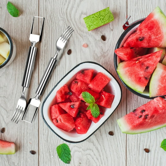Teqhome 5 Pack 2-in-1 Watermelon Fork Slicer Cutter 304 Stainless Steel Watermelon Fruit Cutter Tool Fruit Forks Slicer Knife Kitchen Gadgets for Home Camping