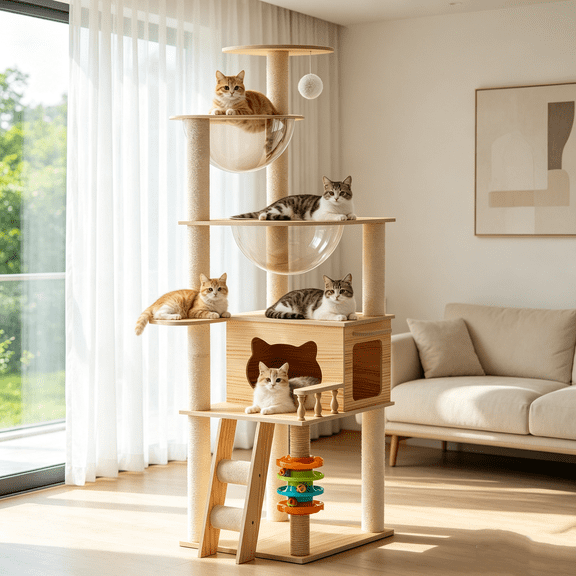 Teqhome 59" Modern Cat Tower for Indoor Cats Wooden Cat Tree with Dual Acrylic Hammocks Cat Condo Sisal Scratching Posts for Small Cats