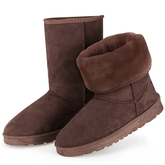 Teqhome 800 GSM Plush Lined Womens Snow Boots Anti-Slip PVC Outsole Faux Suede Mid Calf Round Toe for Winter Daily Wear Commuting Size 9.5 Chocolate