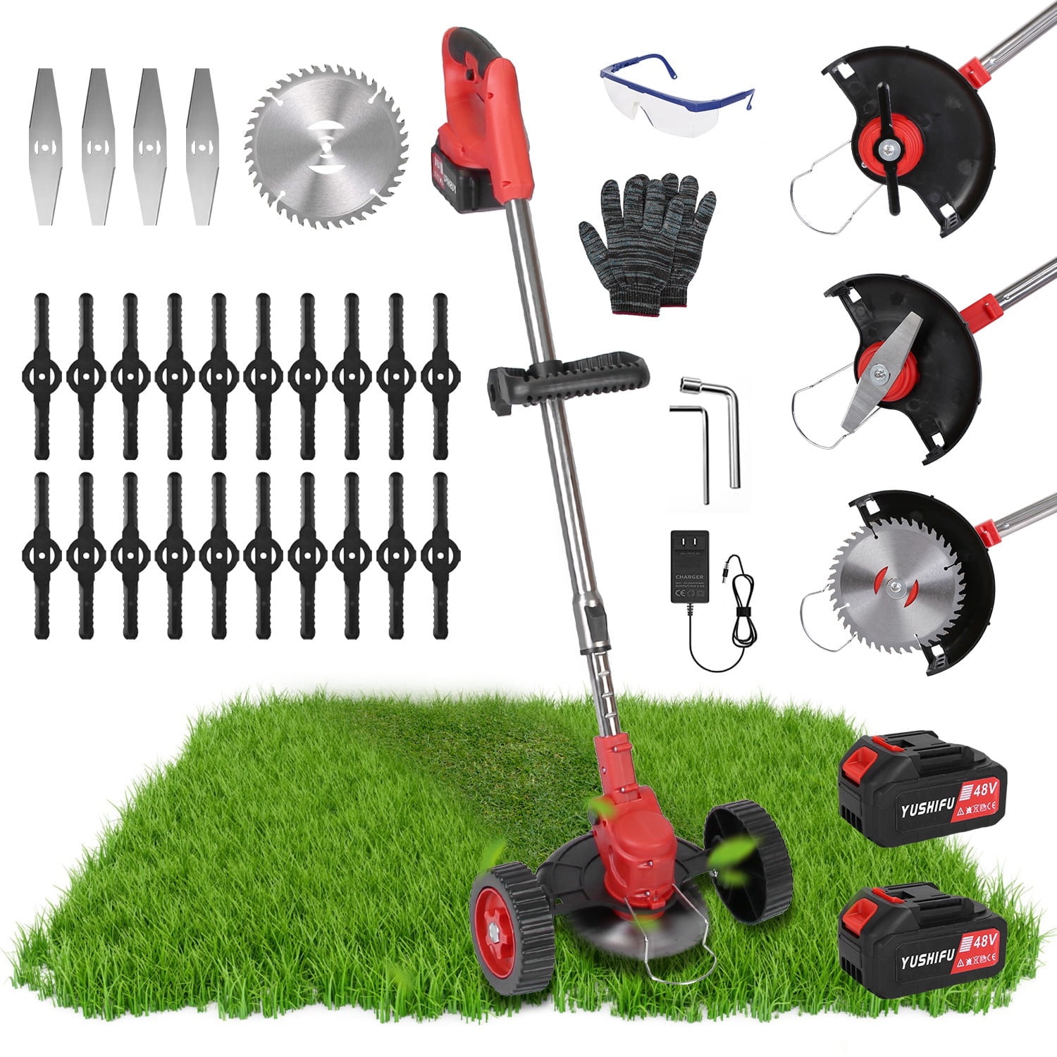 TeqHome String Trimmer Cordless Electric Weed Wacker with Wheels and 2x2.5Ah Battery and Charger Adjustable Head Extendable Length Grass Trimmer for Lawn Garden Yard
