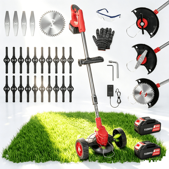 TeqHome String Trimmer Cordless Electric Weed Wacker with Wheels and 2x2.5Ah Battery and Charger Adjustable Head Extendable Length Grass Trimmer for Lawn Garden Yard