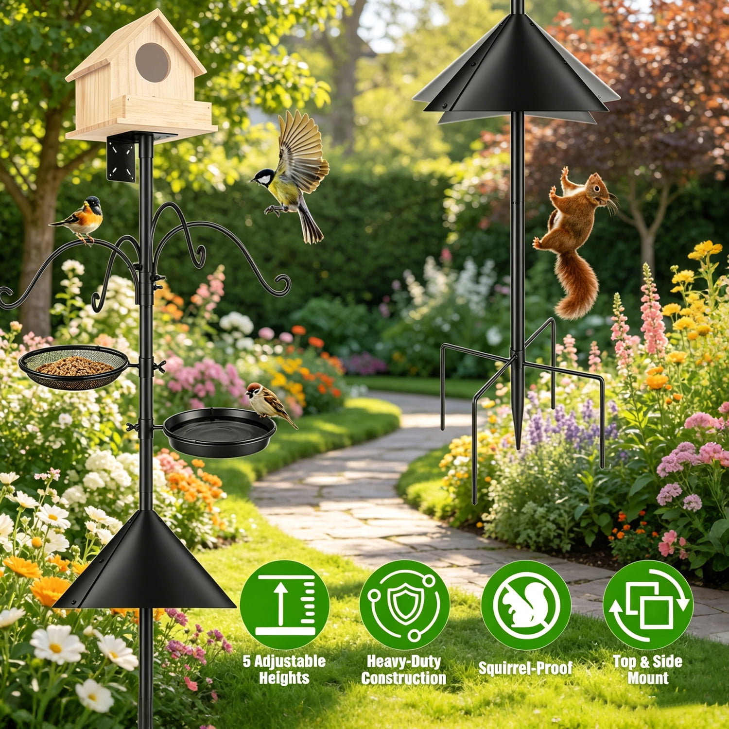 Teqhome 94Inch Bird Feeder Pole Squirrel Proof, Heavy-Duty Bird Feeder Stand with 5 Adjustable Heights, 4 Shepherd Hooks, Top & Side Mount Brackets, 5-Pronged Base for Outdoor Bird Feeding Station