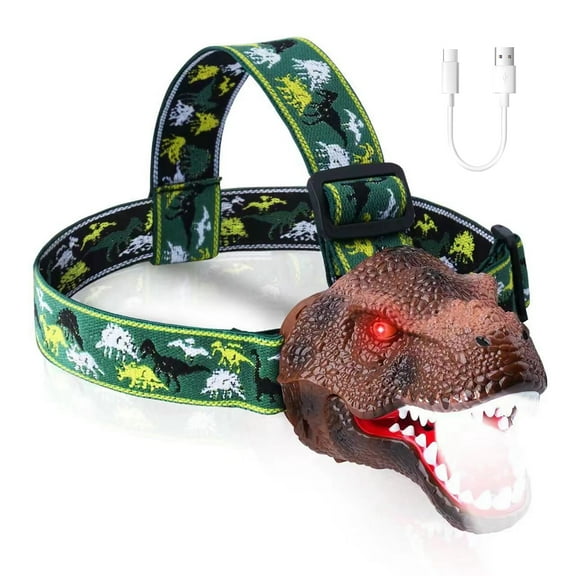 Teqhome Dinosaur Headlamp for Kids Rechargeable LED Dino Headlights with Roar Sound 4 Modes Adjustable Headband Camping Gear Gifts for Boys Girls Adults