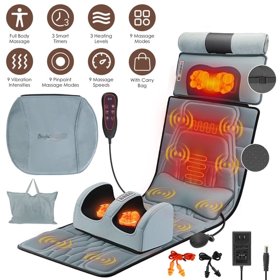 Teqhome Electric Massage Mat Massage Mat with Heat Flannel Full Body Massage Mat Timer Shiatsu Neck Foot Massager Lumbar Pillow Carry Bag Earplugs Anti-Slip Bottom for Reclining Chair (Grey)