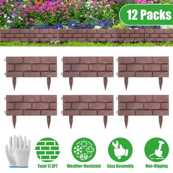 Teqhome Garden Edging Stone Garden Edging 12PCS Red Imitation Stone PP Garden Border with Rotatable Connectors Easy Snap Assembly Adjustable Angle for Yard Lawn Flower Bed Landscape