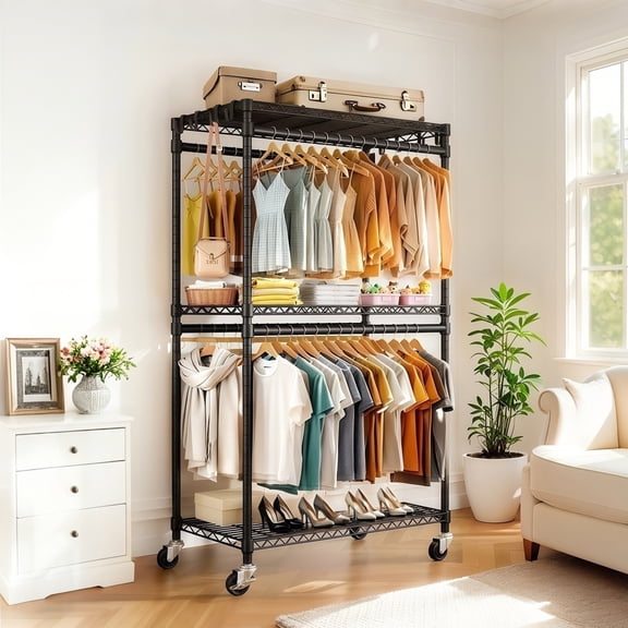 Teqhome Heavy Duty Rolling Garment Rack, 3 Adjustable Shelves 2 Hanging Rods Side Hooks Lockable Wheels for Bedroom Laundry Room