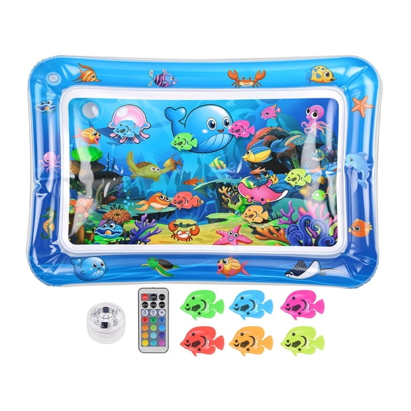 Teqhome Interactive Cat Water Mat Cat Toys Sensory Play Mat with Floating Fish Toys LED Color Changing Light Thickened PVC for Indoor Cats (Blue)