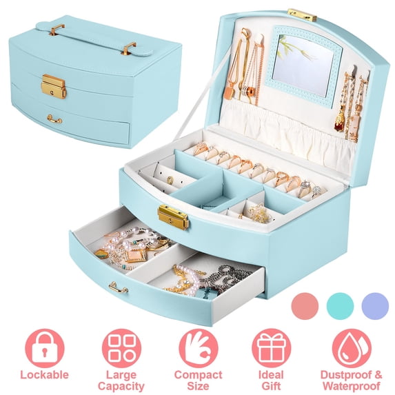 Teqhome Jewelry Organizer Box for Women Girl Wife 2-Layer PU Leather Travel Jewelry Storage Case with for Earrings Bracelets Rings Necklaces (Mint Green)