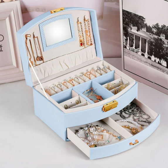 Teqhome Jewelry Organizer Box for Women Girl Wife 2-Layer PU Leather Travel Jewelry Storage Case with for Earrings Bracelets Rings Necklaces (Blue)