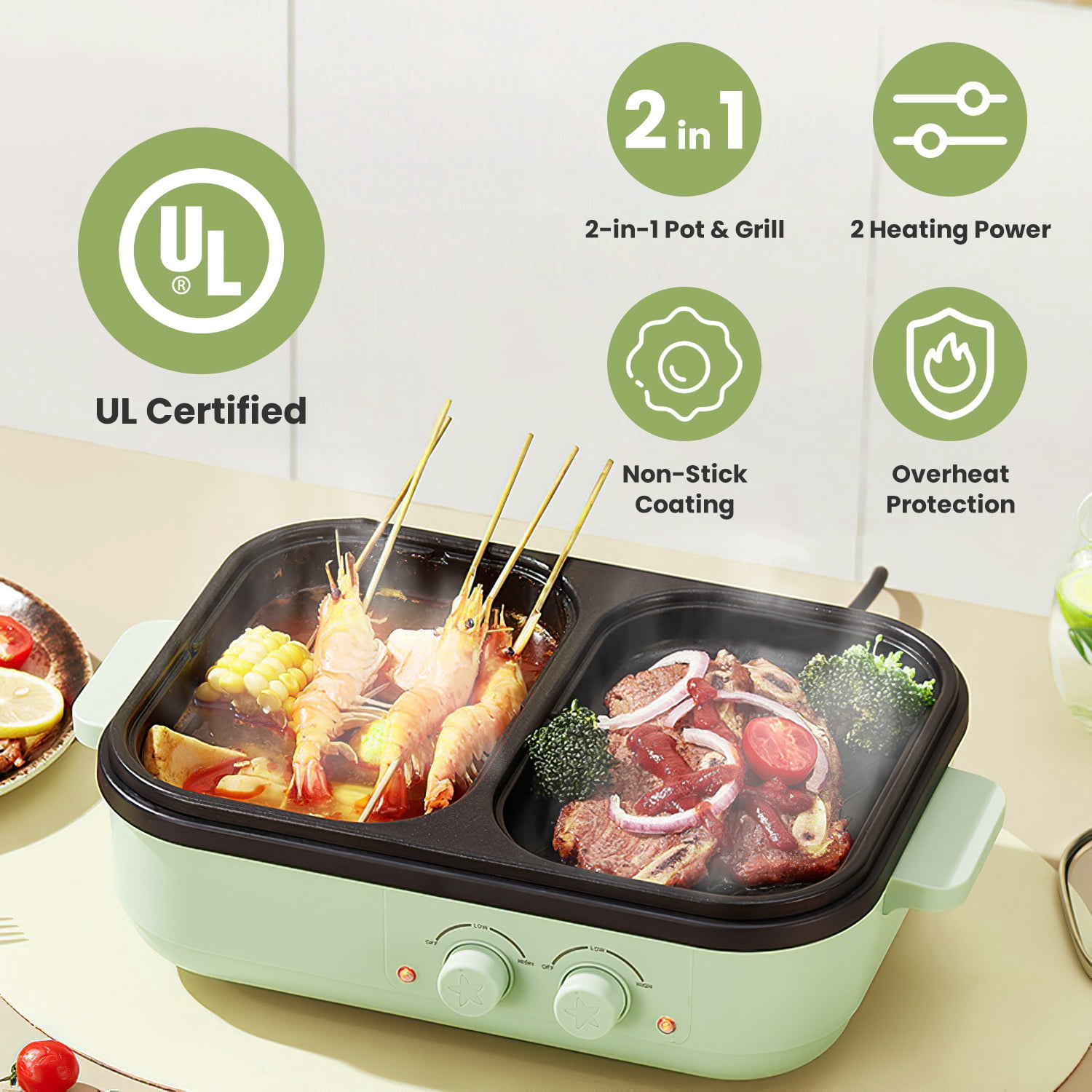 Teqhome Kitchen Appliances Electric Hot Pot with Grill, 2-in-1 Hot Pot Electric and Frying Pan Portable Non-Stick Griddle, Electric Cooker with Glass Lid Fast Heating for 1-2 People BBQ Steaks