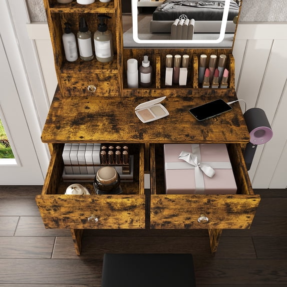 Teqhome Lighted Mirror Power Station Makeup Vanity Desk Set with 3 Drawers 3 Open Shelves 3 Cubbies Stool for Bedroom Dressing Room (Brown)