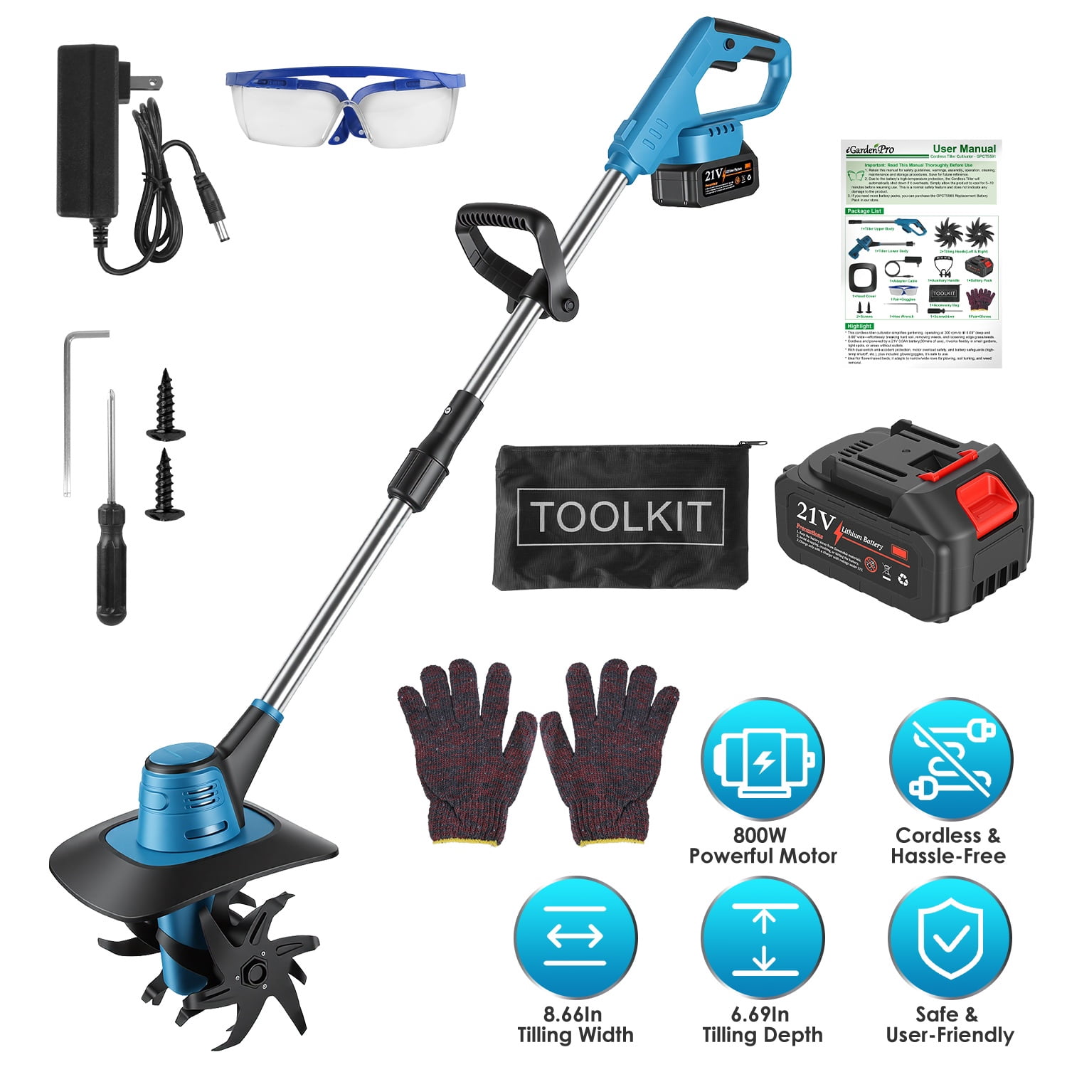 Teqhome Mini Tiller For Lawn, 800W 21V Cordless Electric Cultivator, 3.0Ah Battery Powered Tiller with 8.66" Width 6.69" Depth Manganese Steel Tines for Soil Cultivation, Weeding& Gardening
