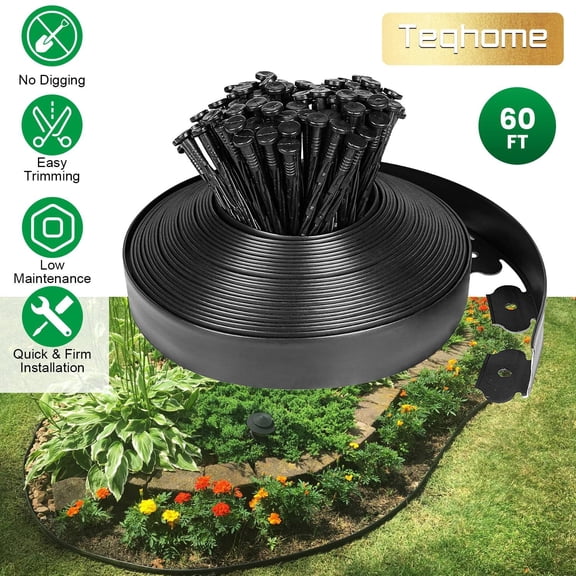 Teqhome Plastic Garden Edging Border Kit, Landscape Edging with Spikes, Tall Garden Edging for Lawn Yard Flower Beds 60FT