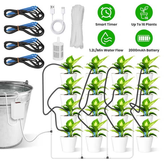 Teqhome Rechargeable Automatic Plant Watering Device Drip Irrigation LCD Timer 16 Drip Arrows for Houseplants Vacation Care