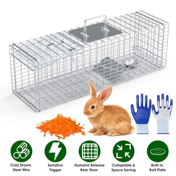 Teqhome Small Animal Folding Trap, 27x7.5x8in Release Live Trap Steel Humane Cage for Raccoons Stray Cats Rabbits Beavers Hedgehogs Chipmunk
