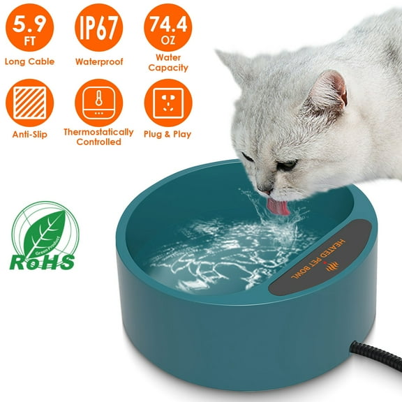 Teqhome Thermal Pet Bowl Heated Water Bowl for Dogs Cats Plug In Thermostatical Heated Bowl 74.4OZ Thermal Water Bowl Green