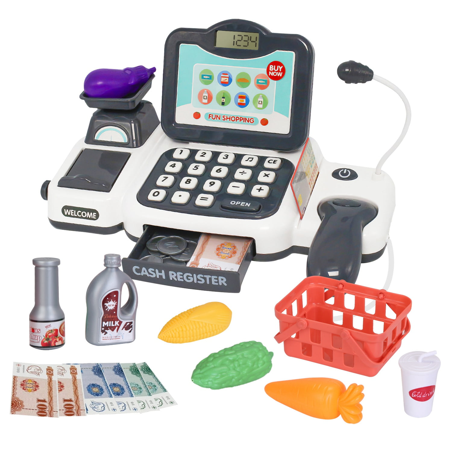 Calculator Cash Register - 103 Pcs Toy Cash Register, Microphone, Credit Card And Banking For Kids, Early Math Skills Toys Gifts For 3, 4, 5, 6 7 8+ Years Old Boys Girls