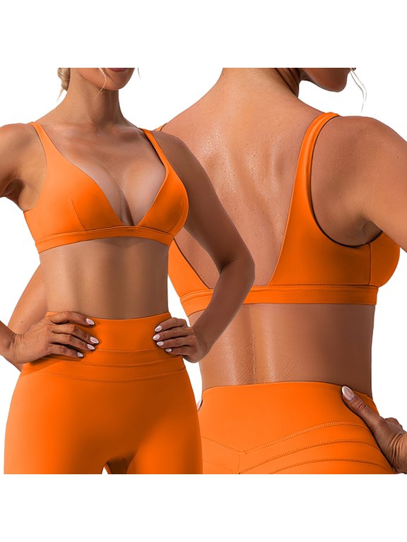 Women's Deep V-Neck Sports Bra Strappy Padded Sports Bra Low Impact Fitness Yoga Bra U-Back Workout Bra Crop Top (S, Orange)