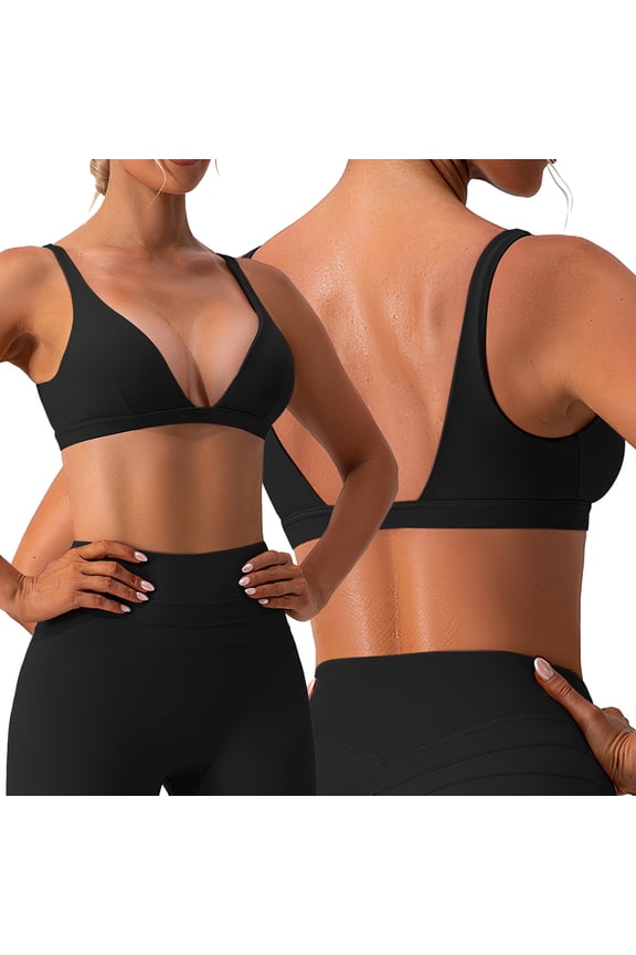 Women's Deep V-Neck Sports Bra Strappy Padded Sports Bra Low Impact Fitness Yoga Bra U-Back Workout Bra Crop Top (XL, Black)