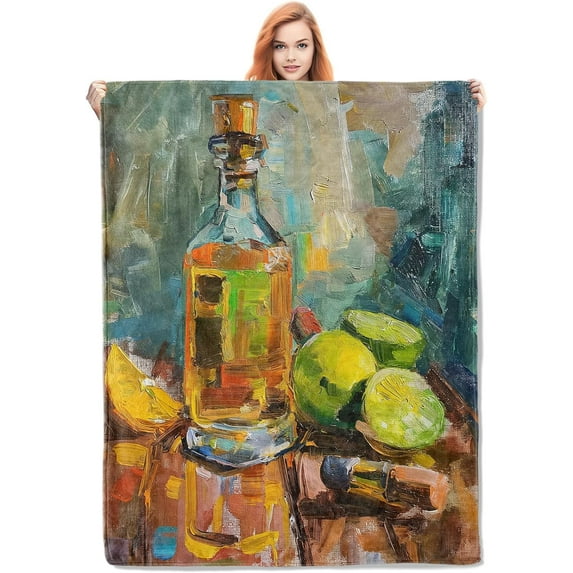 Tequila Bottle Throw Blanket Gifts, Vibrant Still Life with Limes and Lemons, Soft Cozy Fleece Blanket for Couch Bed Sofa, Perfect for Bar Decor and Spirits Enthusiasts, 50x60 in