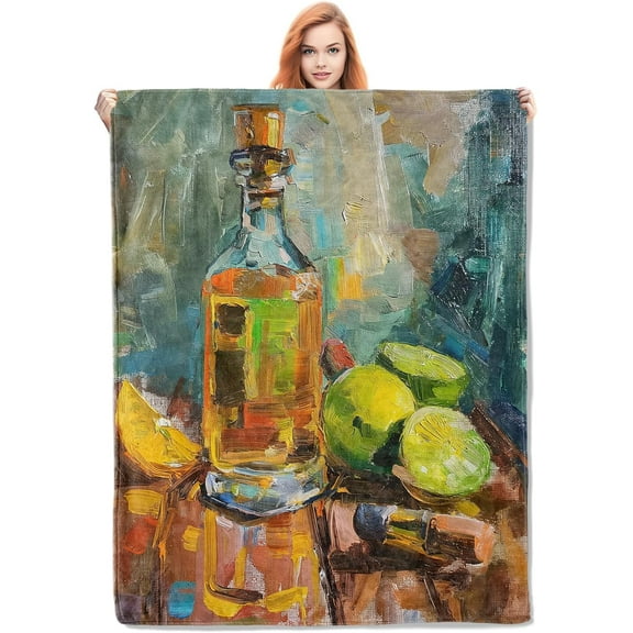 Tequila Bottle Throw Blanket Gifts, Vibrant Still Life with Limes and Lemons, Soft Cozy Fleece Blanket for Couch Bed Sofa, Perfect for Bar Decor and Spirits Enthusiasts, 60x80 in