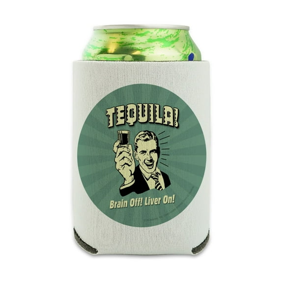 Tequila Brain Off Liver On Funny Humor Retro Can Cooler - Drink Sleeve Hugger Collapsible Insulator - Beverage Insulated Holder