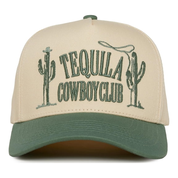 Funky Junque Trucker Hat – Vintage Two-Tone Snapback Baseball Cap with Embroidered Design - Tequila Cowboy Club - Sage/Beige
