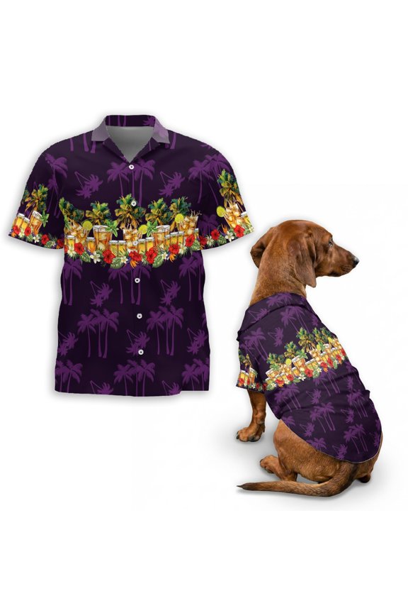 Tequila Hawaiian Shirt, Tropical Drink Palm Tree Pattern Button Down Shirt for Adults or Dogs, Cuban Collar, Short Sleeve Polyester Summer Shirt