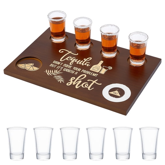 Tequila Shot Board Set With 6pcs Shot Glass Tequila Gifts 7.8x11.8 Inch Wooden Serving Tray with Salt Rim Shots Glass Holder for Restaurant Family