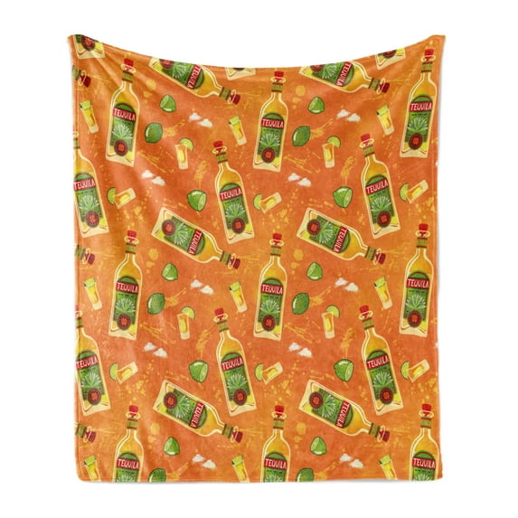 Tequila Soft Flannel Fleece Throw Blanket, Pattern of Alcoholic Drink Bottles Shot Glasses and Limes, Cozy Plush for Indoor and Outdoor Use, 50" x 60", Orange Olive Green, by Ambesonne
