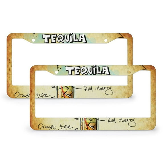 Tequila Sunrise License Plate Frame 2 PCS Vintage Cocktails Auto Decorative Frames Cars Protector Cover Holder Fits All Car 2 Round Holes Aluminum License Plate Frames
