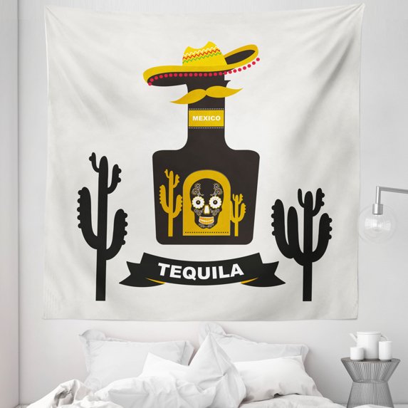 Tequila Tapestry, Sugar Skull on Bottle with Sombrero Hat Cactus Silhouettes, Fabric Wall Hanging Decor for Bedroom Living Room Dorm, 5 Sizes, Grey Yellow, by Ambesonne