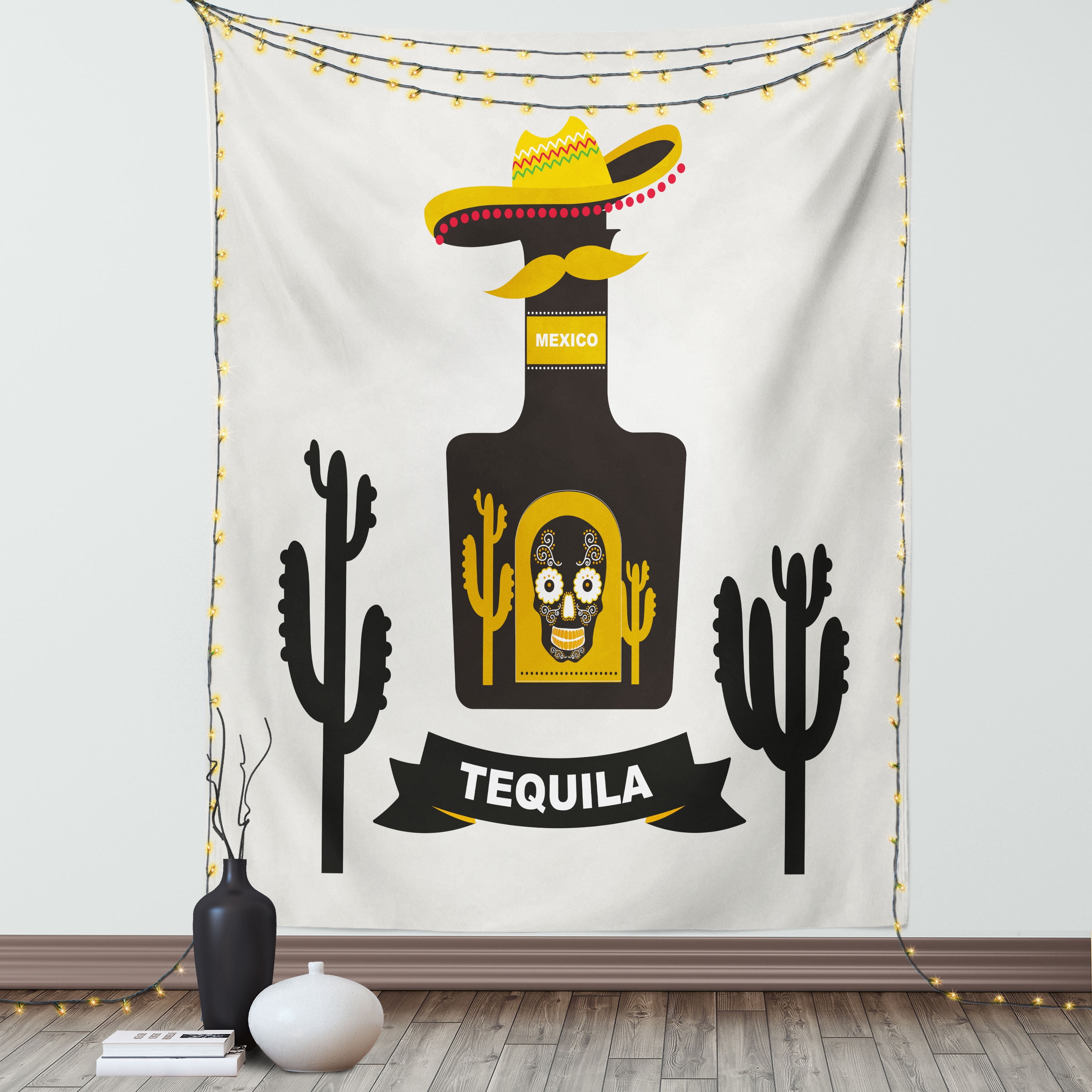 Tequila Tapestry, Sugar Skull on Bottle with Sombrero Hat Cactus ...