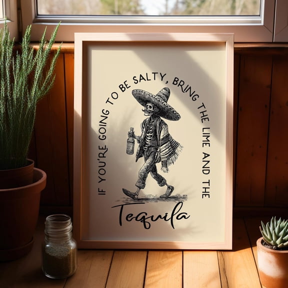 Tequila Western Skeleton Bar Decor Salty Lime Quote Cart Art Vintage Kitchen, Stretched Canvas