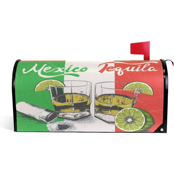 Tequila in Glasses On Mexican Flag Background Retro Style Magnetic Mailbox Cover MailWraps Garden Yard Home Decor for Outside Oversized-25.5" x20.8"