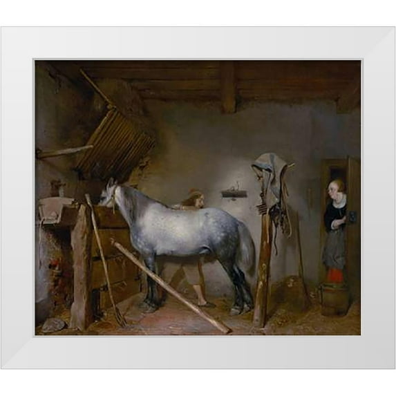 Ter Borch, Gerard 23x20 White Modern Wood Framed Museum Art Print Titled - Horse Stable