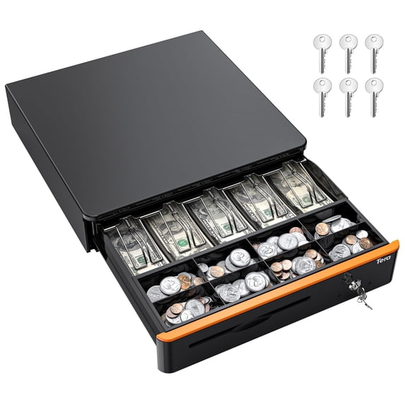 Tera Cash Drawer Cash Box 16 inch with Money Tray and Lock, Heavy Duty Small Business Safe for POS System, 5 Bill 8 Coin